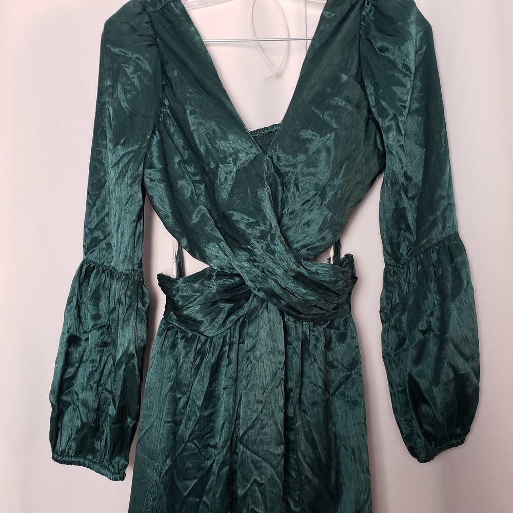 Rahi XS Emerald Green Crinkle Satin Cutout Maxi Dress Puff Sleeve ~No Broche - Picture 3 of 8